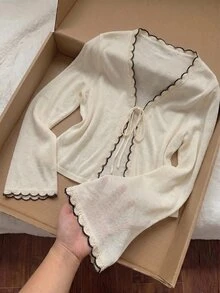 Comfortcana 大尺碼女款前綁帶長袖休閒可愛仙氣針織開襟衫，適合秋季、假期、度假、早晨約會之夜，黑白配色 - 杏色 - 查看 5
