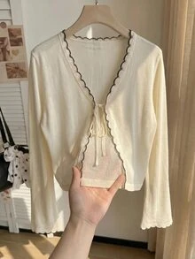 Comfortcana 大尺碼女款前綁帶長袖休閒可愛仙氣針織開襟衫，適合秋季、假期、度假、早晨約會之夜，黑白配色 - 杏色 - 查看 3