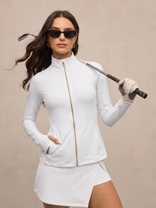 Activina Solid Color Stand Collar Front Zipper Slim Fit Sports Jacket - White - View 9