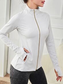Activina Solid Color Stand Collar Front Zipper Slim Fit Sports Jacket - White - View 7