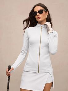 Activina Solid Color Stand Collar Front Zipper Slim Fit Sports Jacket - White - View 4