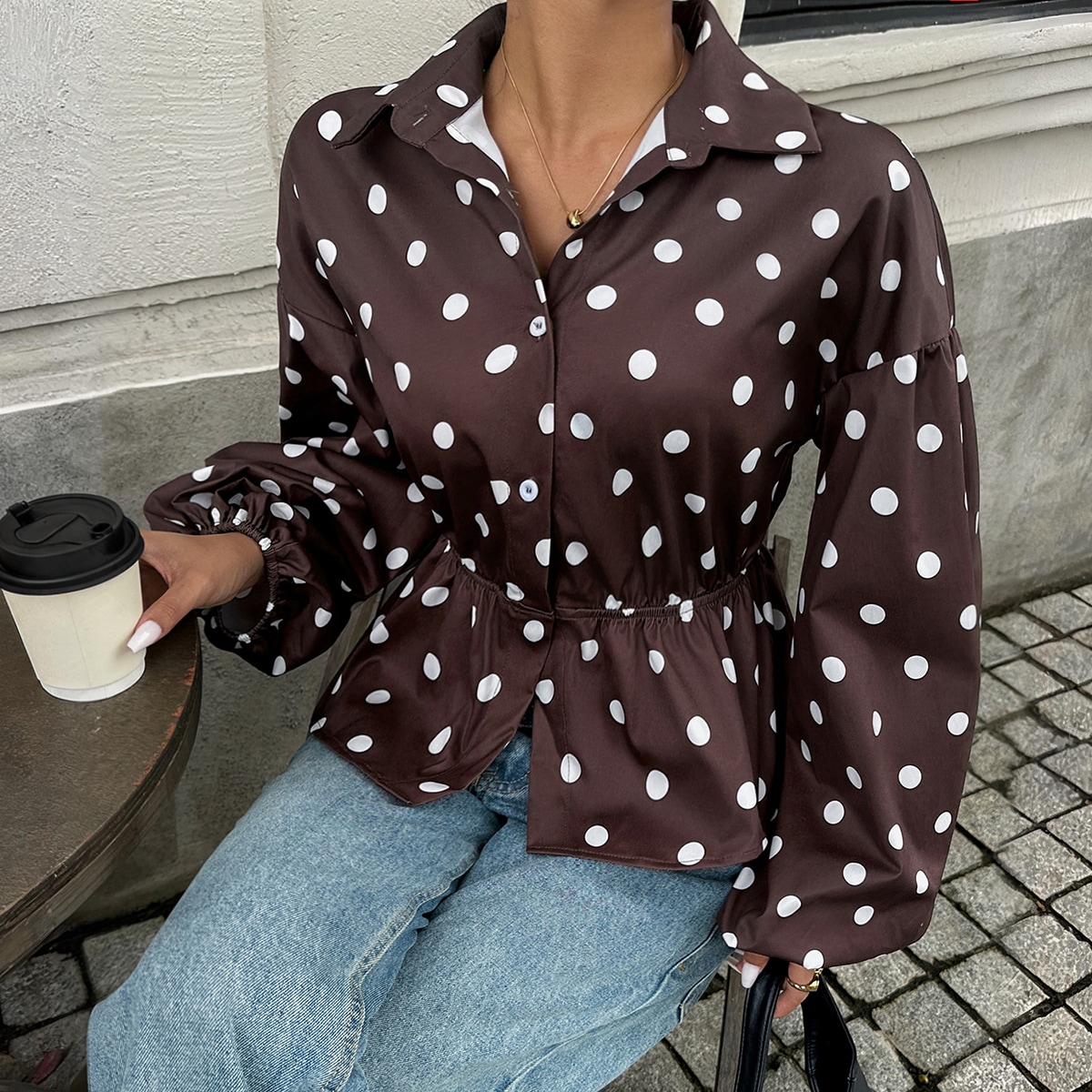 Women's Elegant Casual Dark Brown Polka Dot Cropped Blouse, Collared Puff Sleeve Peplum Waist Daily Button‑Front Shirt For Women Daily Street Wear