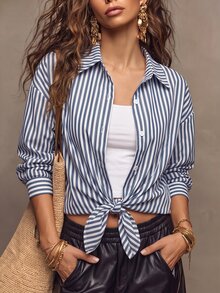 Franclia 法式優雅編織藍白條紋夏季休閒度假風翻領長袖前綁帶女款襯衫秋季上衣 - 藏蓝色 - 查看 7