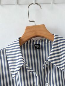 Franclia 法式優雅編織藍白條紋夏季休閒度假風翻領長袖前綁帶女款襯衫秋季上衣 - 藏蓝色 - 查看 4