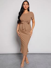 MaterniWear Maternity Split Hem Tie Front Nursing Ribbed Knit Dress - Brown - View 7