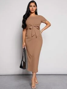 MaterniWear Maternity Split Hem Tie Front Nursing Ribbed Knit Dress - Brown - View 9