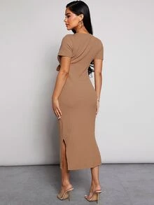 MaterniWear Maternity Split Hem Tie Front Nursing Ribbed Knit Dress - Brown - View 3