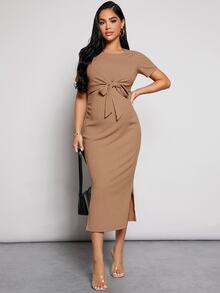 MaterniWear Maternity Split Hem Tie Front Nursing Ribbed Knit Dress - Brown - View 6