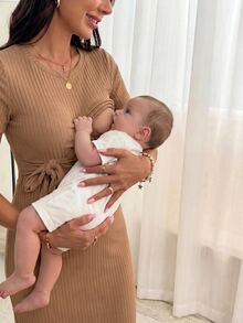 MaterniWear Maternity Split Hem Tie Front Nursing Ribbed Knit Dress - Brown - View 10