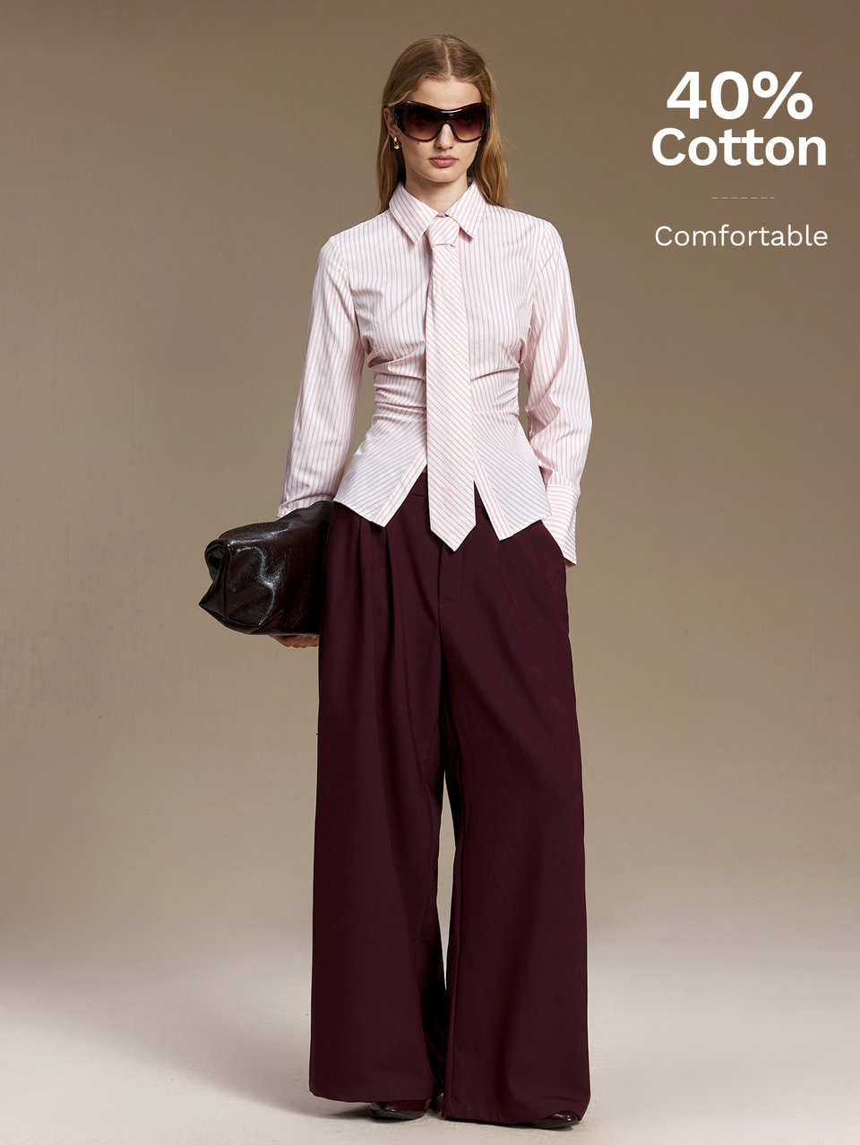 White Print Button Front Shirt With Tie Teachers' Day Office Autumn Business Casual Elegant