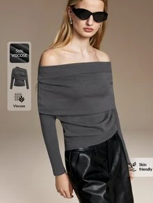 Ontre Asymmetrical Neck Ruched Sweater Night Out Date Night Gray Autumn Elegant - Grey - View 7
