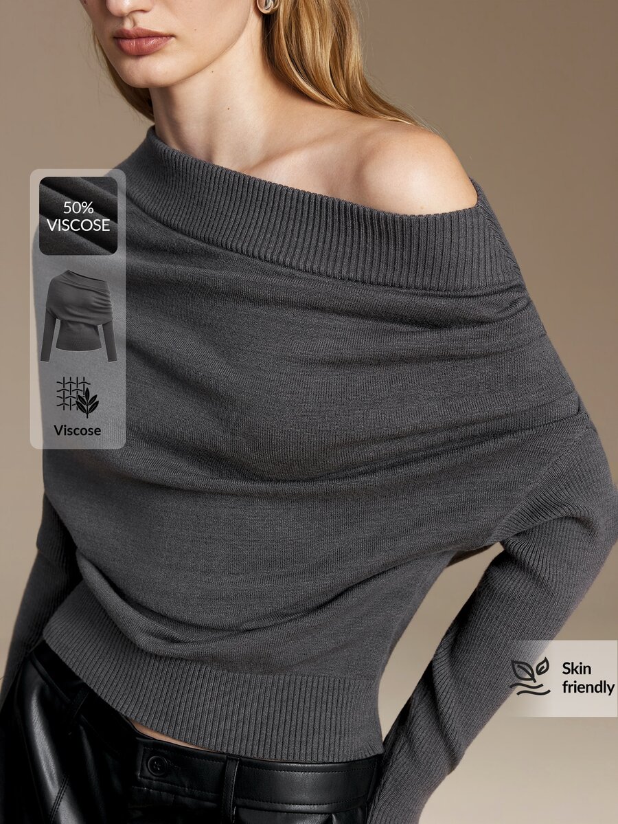 Ontre Asymmetrical Neck Ruched Sweater Night Out Date Night Gray Autumn Elegant - Grey - View 1