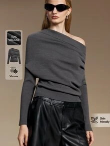 Ontre Asymmetrical Neck Ruched Sweater Night Out Date Night Gray Autumn Elegant - Grey - View 4