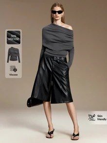 Ontre Asymmetrical Neck Ruched Sweater Night Out Date Night Gray Autumn Elegant - Grey - View 3