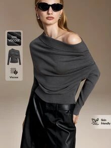 Ontre Asymmetrical Neck Ruched Sweater Night Out Date Night Gray Autumn Elegant - Grey - View 5
