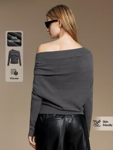 Ontre Asymmetrical Neck Ruched Sweater Night Out Date Night Gray Autumn Elegant - Grey - View 2