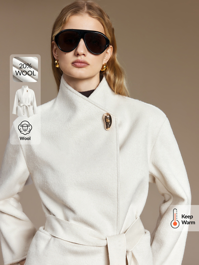 Ontre Solid Button Placket Belted Overcoat