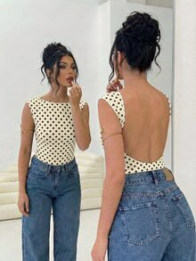 Firerie Women's Elegant Romantic Fashion Commute Sexy Polka Dot Print Backless Bodysuit, Suitable For Party, Vacation, Date And Wedding Birthday - Light Yellow - View 2