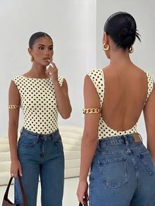 Firerie Women's Elegant Romantic Fashion Commute Sexy Polka Dot Print Backless Bodysuit, Suitable For Party, Vacation, Date And Wedding Birthday - Light Yellow - View 9