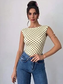 Firerie Women's Elegant Romantic Fashion Commute Sexy Polka Dot Print Backless Bodysuit, Suitable For Party, Vacation, Date And Wedding Birthday - Light Yellow - View 7
