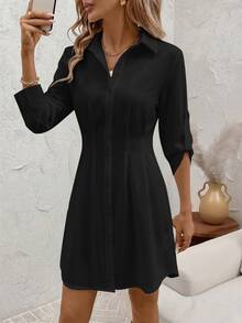 SHEIN Clasi 女士秋冬时尚百搭通勤印花衬衫裙 - 黑色 - 查看 8