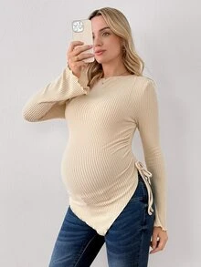 Modmama Kaos Hamil Lengan Panjang Sederhana dengan Tali Pengikat dan Hem Asimetris untuk Musim Gugur - Aprikot - View 7