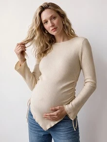 Modmama Kaos Hamil Lengan Panjang Sederhana dengan Tali Pengikat dan Hem Asimetris untuk Musim Gugur - Aprikot - View 2