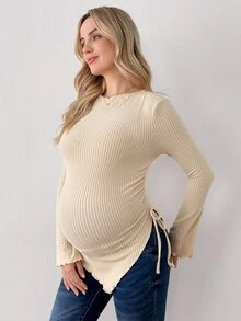 Modmama Kaos Hamil Lengan Panjang Sederhana dengan Tali Pengikat dan Hem Asimetris untuk Musim Gugur - Aprikot - View 6