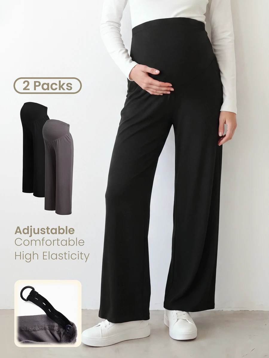 Modmama Maternity Solid Color Adjustable Waist Wide Leg Loose Long Pants Fall - Multicolor - View 1