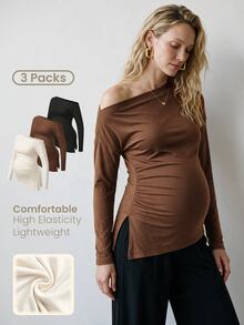 Modmama 3pcs Maternity Solid Color Versatile Asymmetrical Shoulder Long Sleeve Split Hem T-Shirts Fall - Multicolor - View 1