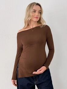 Modmama 3pcs Maternity Solid Color Versatile Asymmetrical Shoulder Long Sleeve Split Hem T-Shirts Fall - Multicolor - View 4