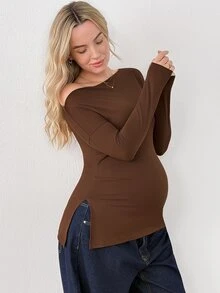 Modmama 3pcs Maternity Solid Color Versatile Asymmetrical Shoulder Long Sleeve Split Hem T-Shirts Fall - Multicolor - View 3