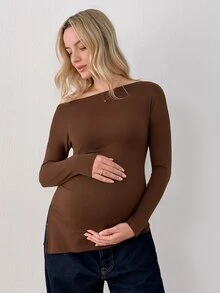 Modmama 3pcs Maternity Solid Color Versatile Asymmetrical Shoulder Long Sleeve Split Hem T-Shirts Fall - Multicolor - View 2
