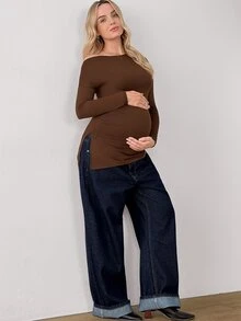 Modmama 3pcs Maternity Solid Color Versatile Asymmetrical Shoulder Long Sleeve Split Hem T-Shirts Fall - Multicolor - View 7