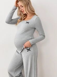 Modmama 孕婦長袖上衣與長褲兩件套 秋季 - 灰色 - 查看 6