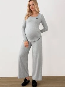 Modmama 孕婦長袖上衣與長褲兩件套 秋季 - 灰色 - 查看 5