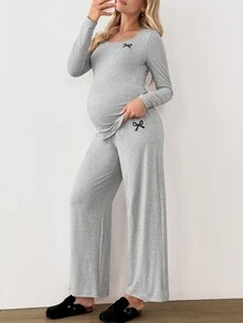 Modmama 孕婦長袖上衣與長褲兩件套 秋季 - 灰色 - 查看 7