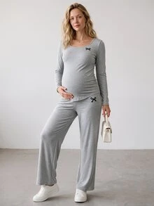 Modmama 孕婦長袖上衣與長褲兩件套 秋季 - 灰色 - 查看 2
