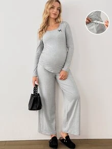 Modmama 孕婦長袖上衣與長褲兩件套 秋季 - 灰色 - 查看 3