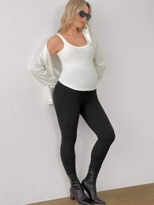 Modmama Maternity Casual Versatile Solid Color High Waist Leggings - Black - View 3