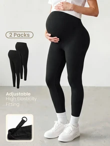 Modmama Maternity Casual Versatile Solid Color High Waist Leggings - Black - View 1