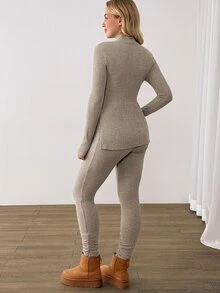 Modmama طقم كاجوال يومي للحوامل للخريف، ملابس علوية بلون سادة وياقة واقفة وأكمام طويلة مع بنطلون طويل بخصر قابل للتعديل - لون مشمشي - مشاهدة 7
