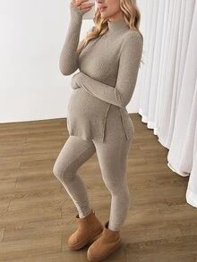 Modmama طقم كاجوال يومي للحوامل للخريف، ملابس علوية بلون سادة وياقة واقفة وأكمام طويلة مع بنطلون طويل بخصر قابل للتعديل - لون مشمشي - مشاهدة 4