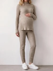 Modmama طقم كاجوال يومي للحوامل للخريف، ملابس علوية بلون سادة وياقة واقفة وأكمام طويلة مع بنطلون طويل بخصر قابل للتعديل - لون مشمشي - مشاهدة 2