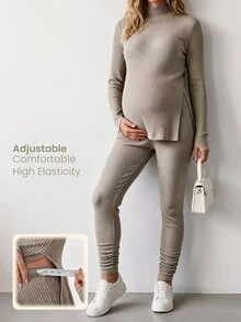 Modmama طقم كاجوال يومي للحوامل للخريف، ملابس علوية بلون سادة وياقة واقفة وأكمام طويلة مع بنطلون طويل بخصر قابل للتعديل - لون مشمشي - مشاهدة 1