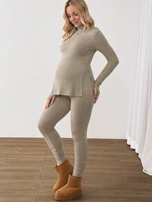 Modmama طقم كاجوال يومي للحوامل للخريف، ملابس علوية بلون سادة وياقة واقفة وأكمام طويلة مع بنطلون طويل بخصر قابل للتعديل - لون مشمشي - مشاهدة 5
