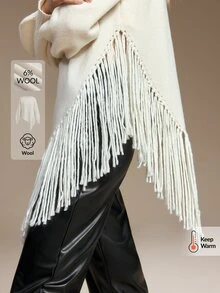 Ontre Women Solid Drop Shoulder Oversize Fringe Hem Sweater - Apricot - View 2