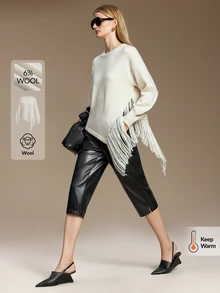 Ontre Women Solid Drop Shoulder Oversize Fringe Hem Sweater - Apricot - View 1