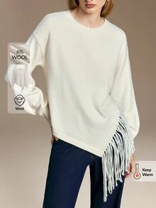 Ontre Women Solid Drop Shoulder Oversize Fringe Hem Sweater - Apricot - View 3