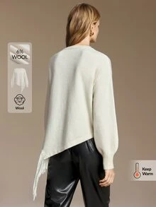 Ontre Women Solid Drop Shoulder Oversize Fringe Hem Sweater - Apricot - View 7